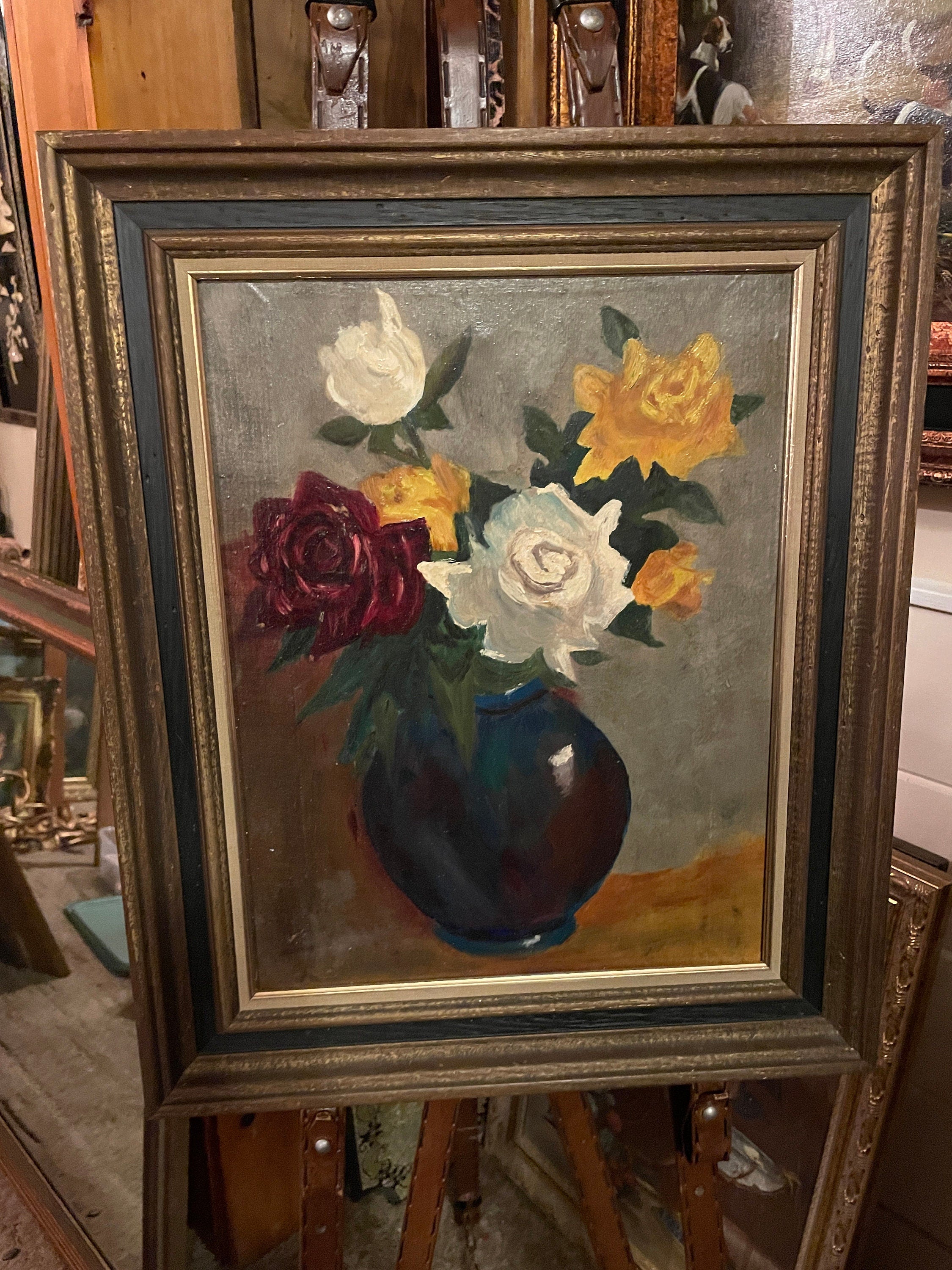 Vintage Floral Still Life Painting Textured Oil Artwork In Ornate Frame Featuring Red Yellow White Roses In Vase Bold Brushstrokes Charm