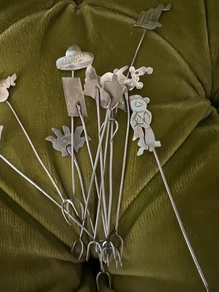 Vintage Sterling Silver Hors d’Oeuvre Cocktail Forks and Picks Set in Glass Basket Mid Century Barware Party Decor Kitchen Collectible