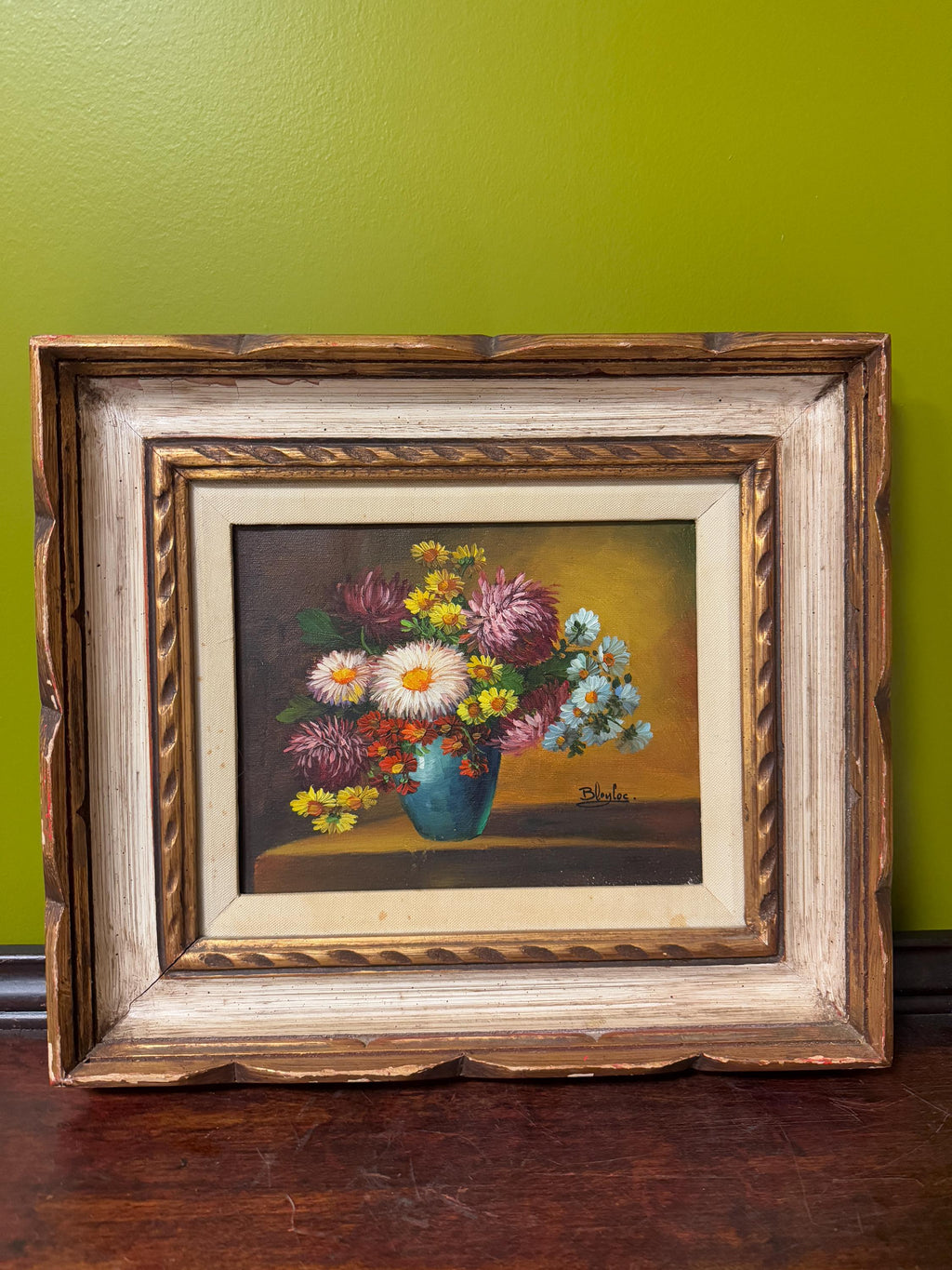 Vintage Floral Still Life Oil Painting in Ornate Wood Frame, Hand-Painted Chrysanthemums in Blue Vase, Farmhouse Wall Art Signed