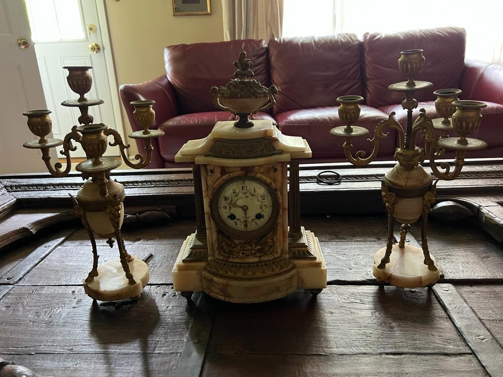 19th Century Alabaster Brass Mantel Clock Set Decorative Antique French Candelabra Pair Elegant Gilded Classical Style Home Display Decor
