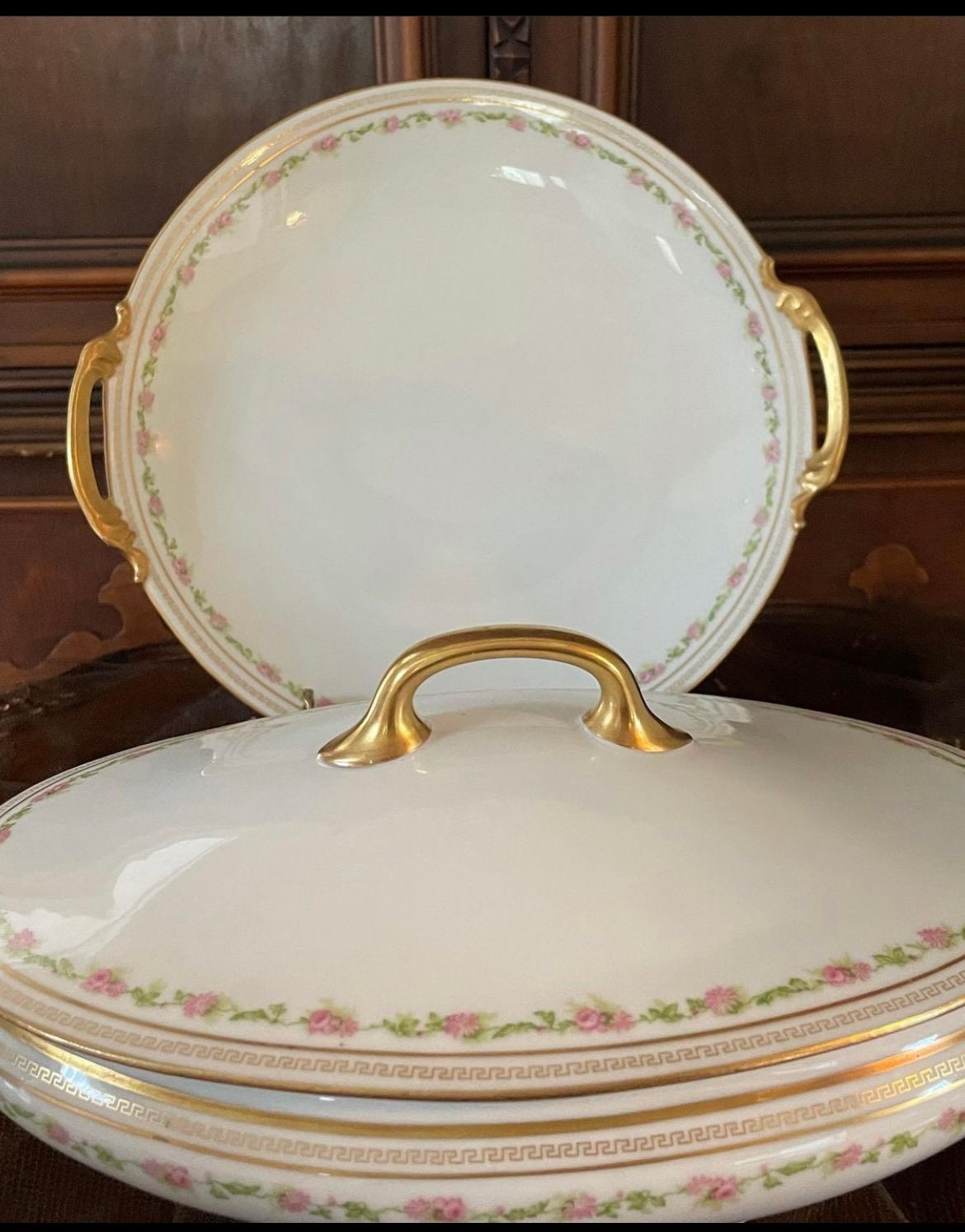 Limoges Old Abbey Porcelain Pink Floral Dinner Set Limoges Dinner Rim Plate Bowl Limoges Serving Dishes Gravy Tray Made in France 62 Pieces