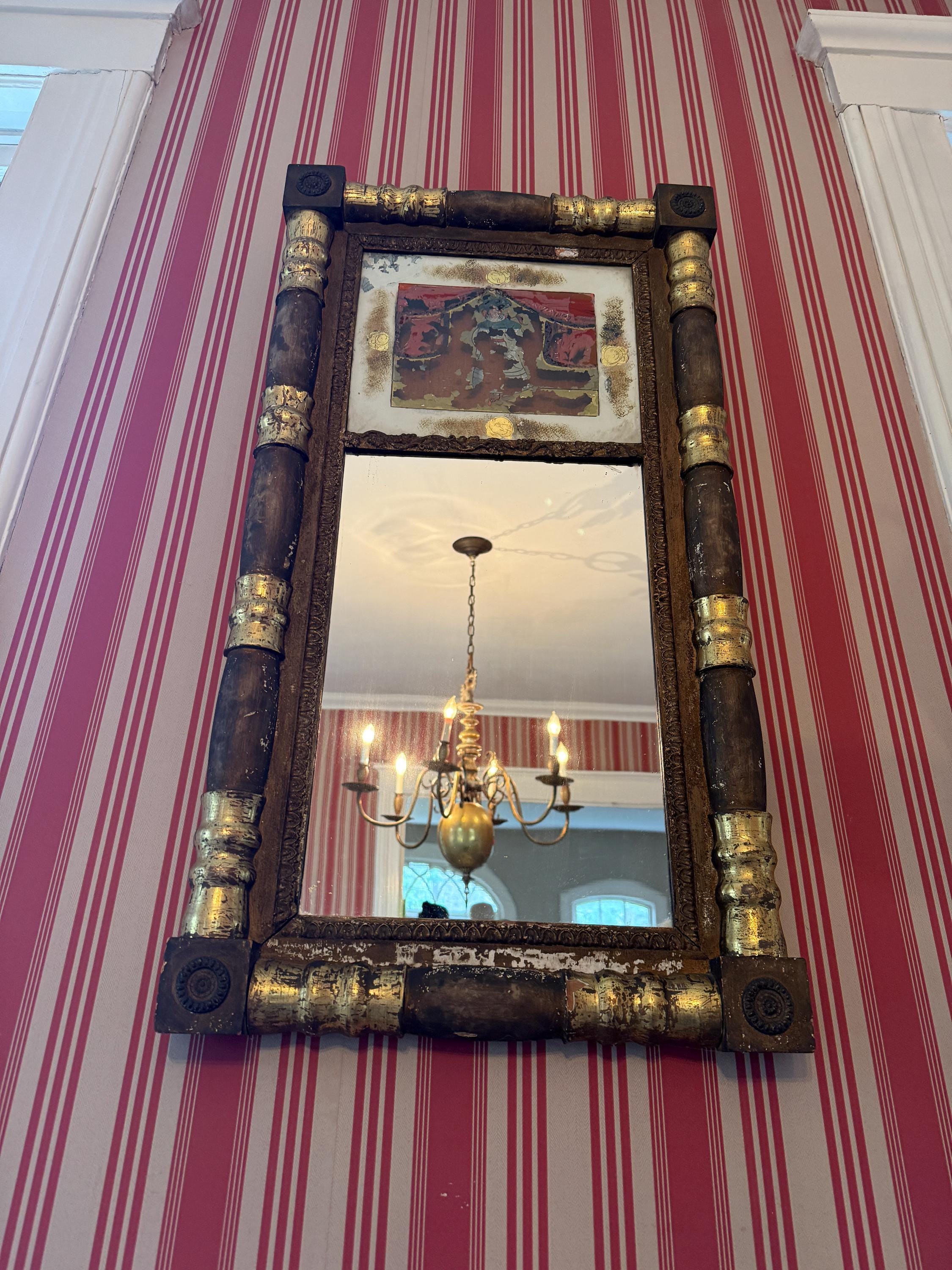 Antique Federal Gilded Trumeau Mirror 19th Century Wood & Gold Leaf Wall Mirror Eglomise Panel Collectible Mirror Luxurious Home Decoration
