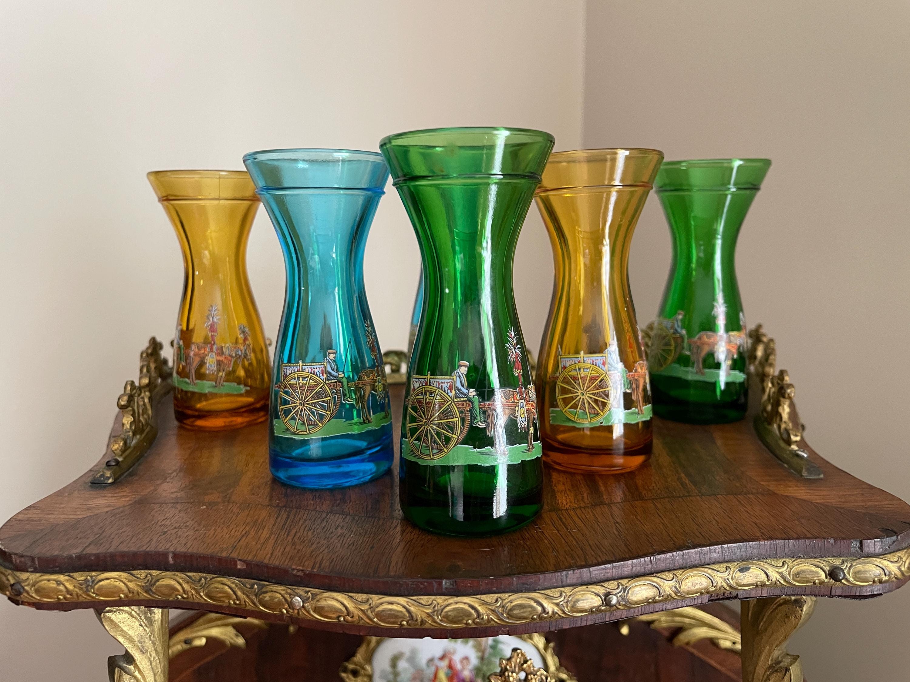 Vintage Green Glass Set Handpainted Figures Colorful Tumblers Elegant Barware Collectible Retro Goblets Unique Gift Antique Decoration Charm