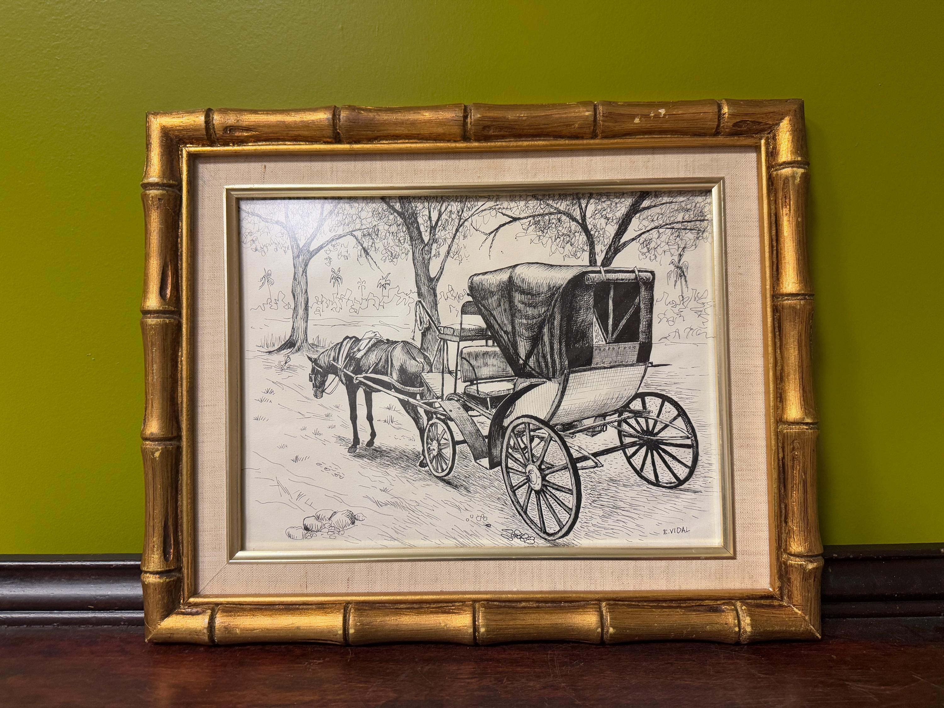 Vintage Horse Carriage Drawing Signed E. Vidal Gold Wood Bamboo Style Frame Rustic Farmhouse Wall Art Ink Illustration Home Wall Decoration