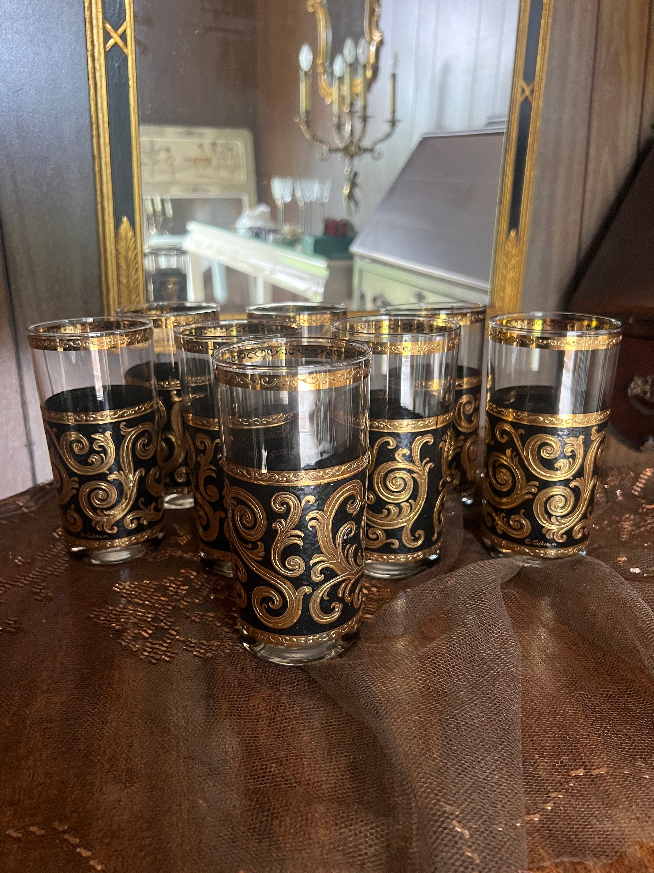 Set Of 9 Culver Black Gold Highball Glasses Vintage Barware Mid Century Hollywood Regency Elegant Scroll Design Cocktail Tumblers Decoration