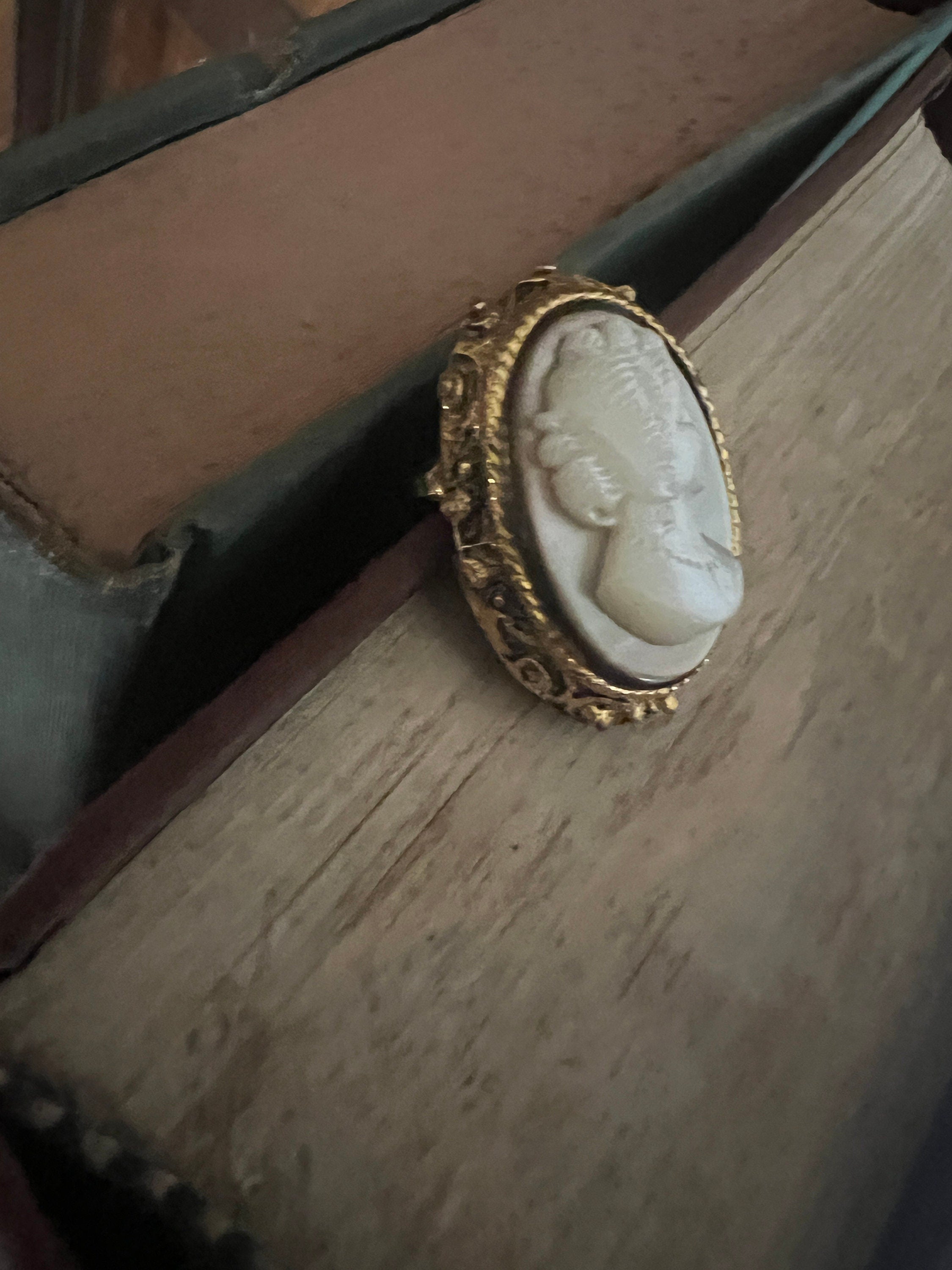 Vintage Cameo Brooch Antique Gold Tone Carved Shell Lady Portrait Pin Elegant Victorian Style Jewelry Gift Heirloom Collectible Accessory