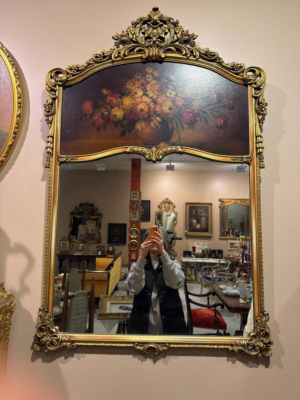 Antique French Rococo Style Gilt Wood Trumeau Mirror with Hand-Painted Floral Panel