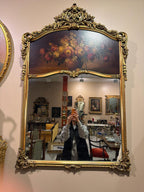 Antique French Rococo Style Gilt Wood Trumeau Mirror with Hand-Painted Floral Panel