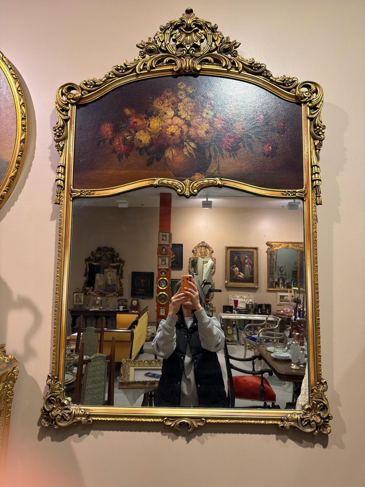 Antique French Rococo Style Gilt Wood Trumeau Mirror with Hand-Painted Floral Panel