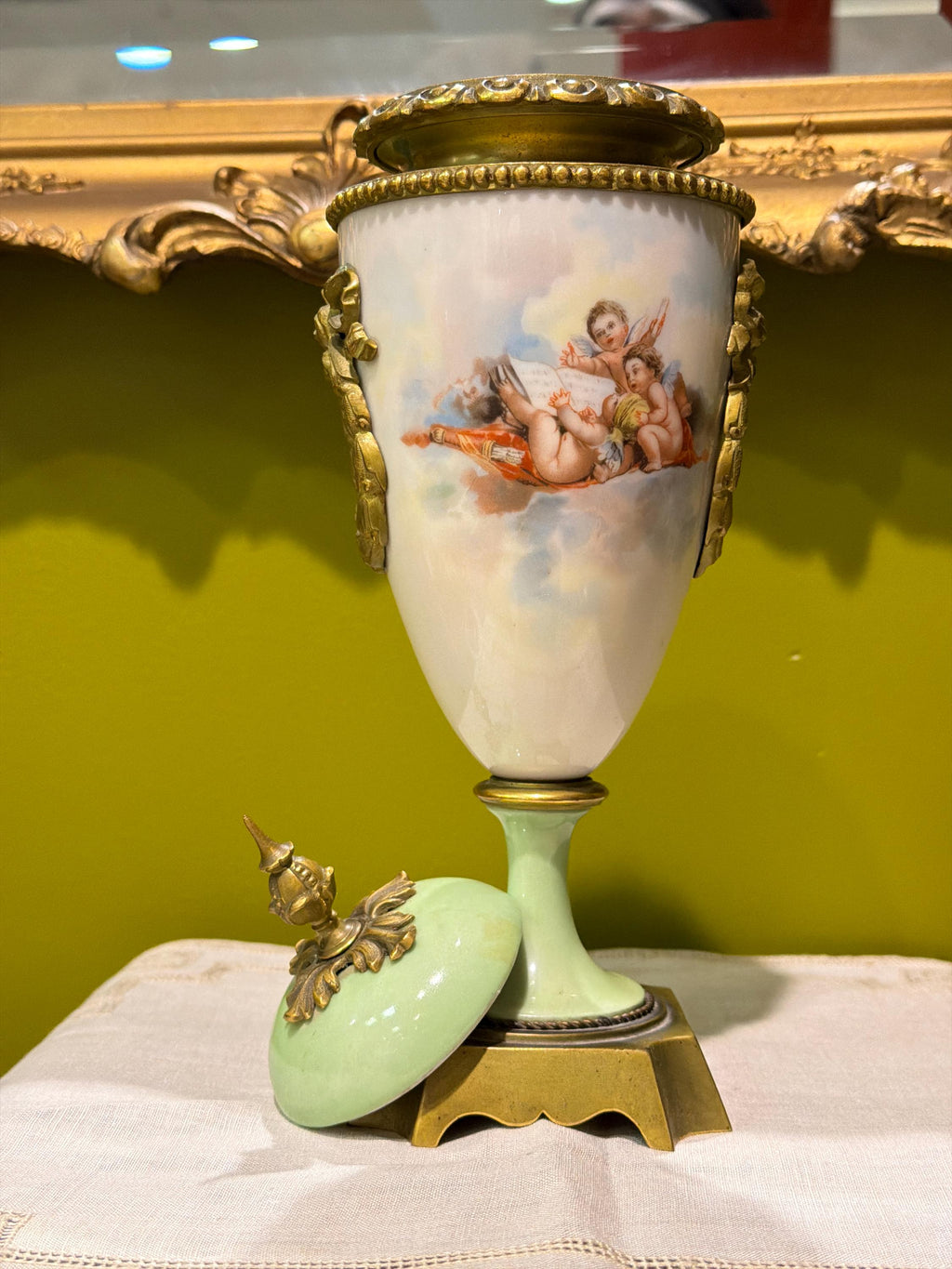 Antique French Porcelain Ormolu Lidded Urn Vase, Cherub Putti Painted Decorative Vase