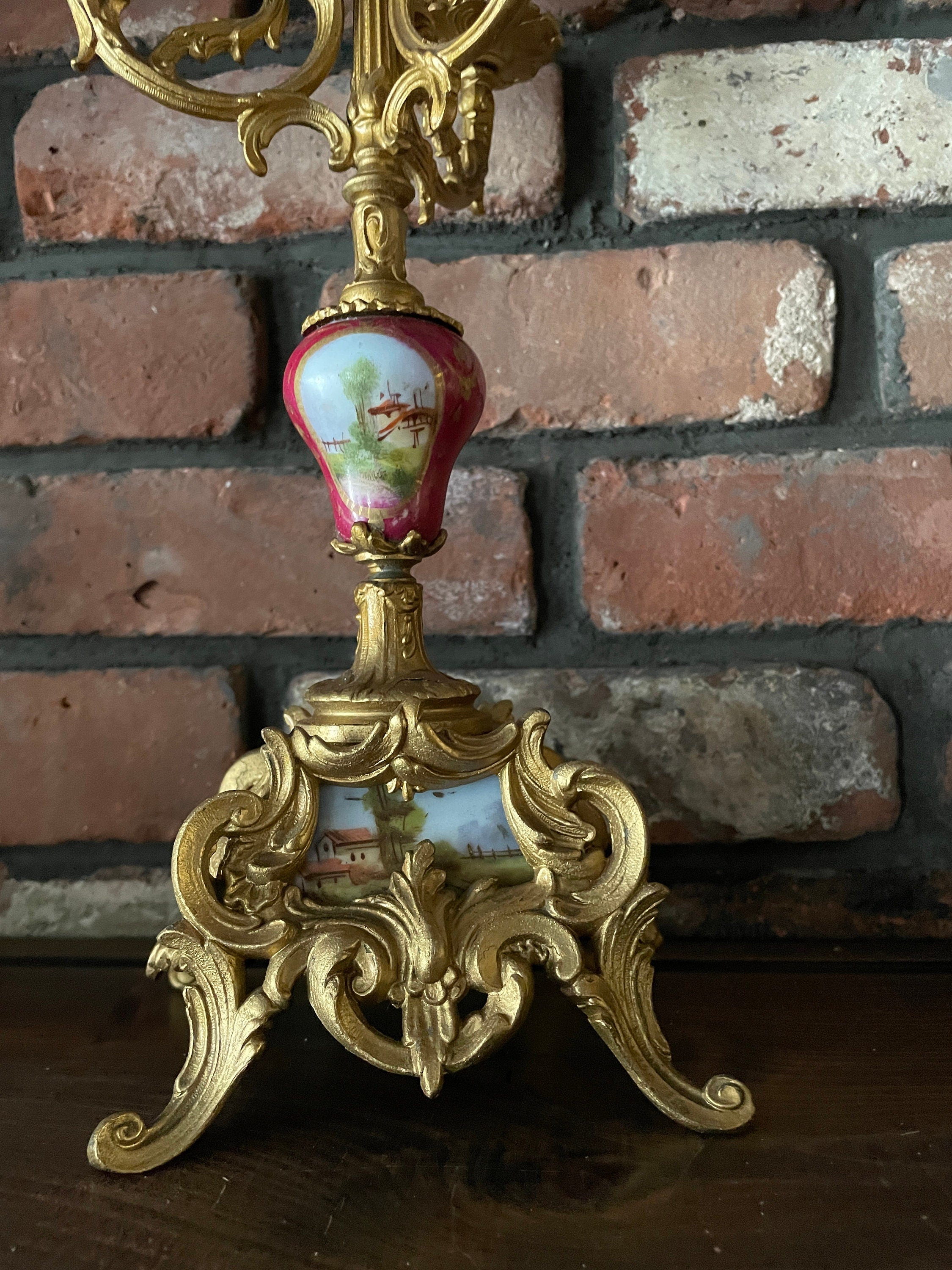 Antique Rococo Style French Clock Set Gilt Bronze Candelabras Porcelain Accents Romantic Scene Victorian Decor Collectible Mantelpiece 1900s