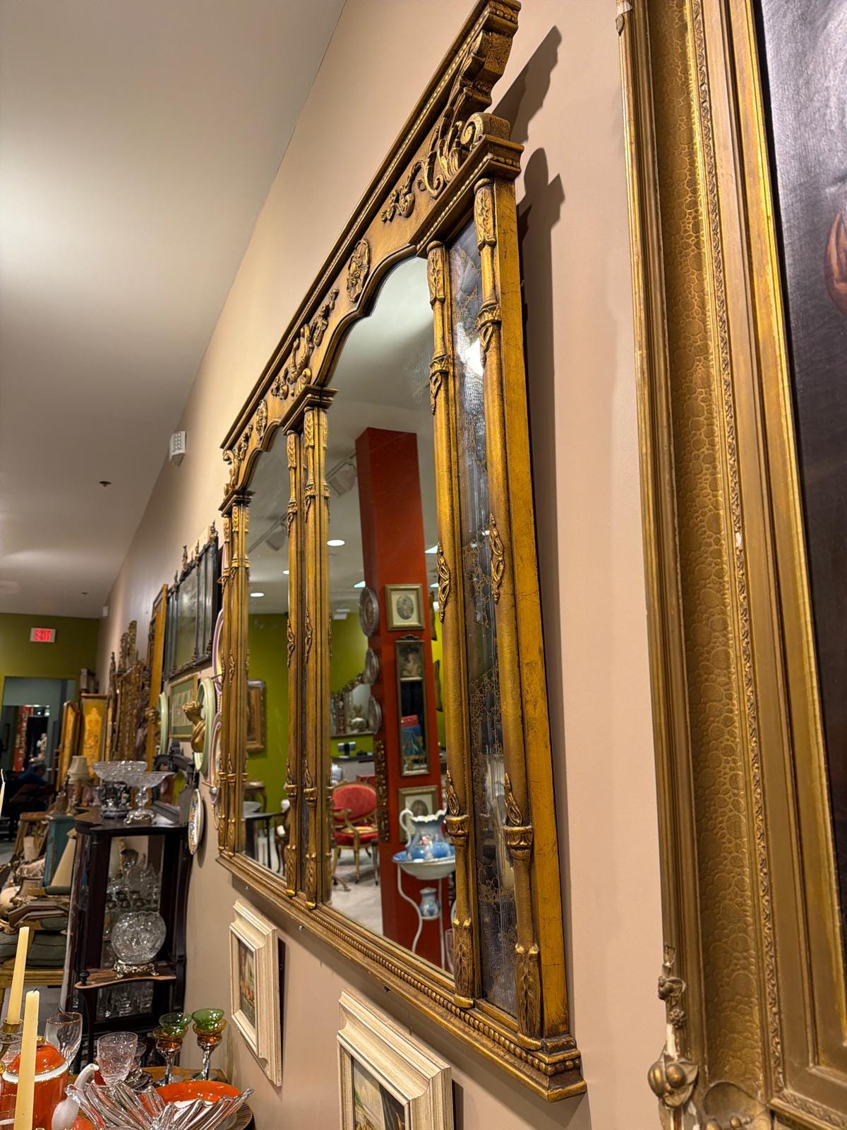 Vintage Gilt Wood Wall Mirror, Triple Panel French Neoclassical Style, 65" 46"
