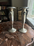 Antique Art Nouveau Silverplate Candlestick Pair Ornate Column Design Lion Head Handles Decorative Candle Holder Home Decor Display Accent