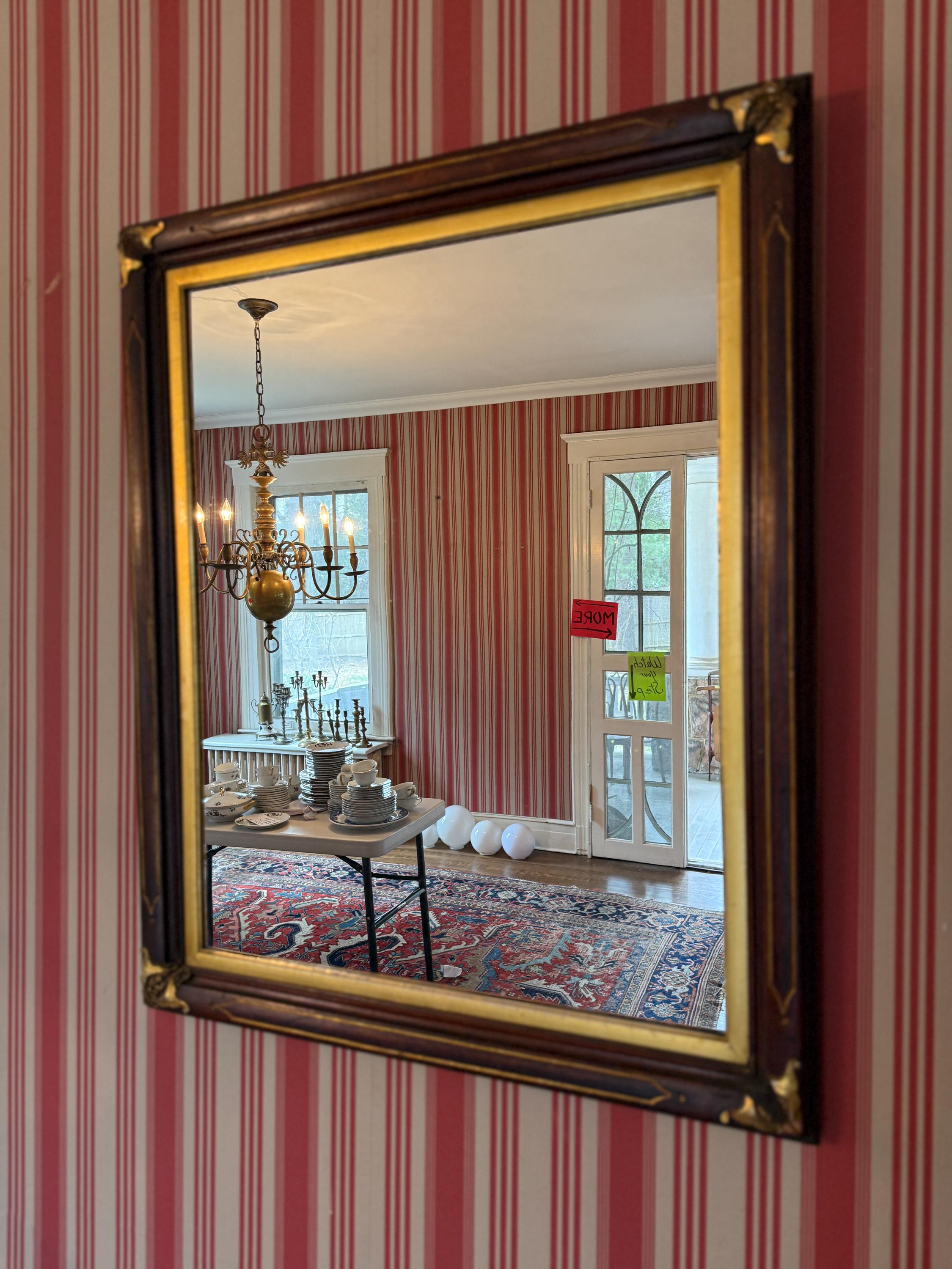 Antique Wooden Wall Mirror Rectangular Gilded Frame Vintage Neoclassical / Empire Style Ornate Gold Corner Accents Classic American Decor