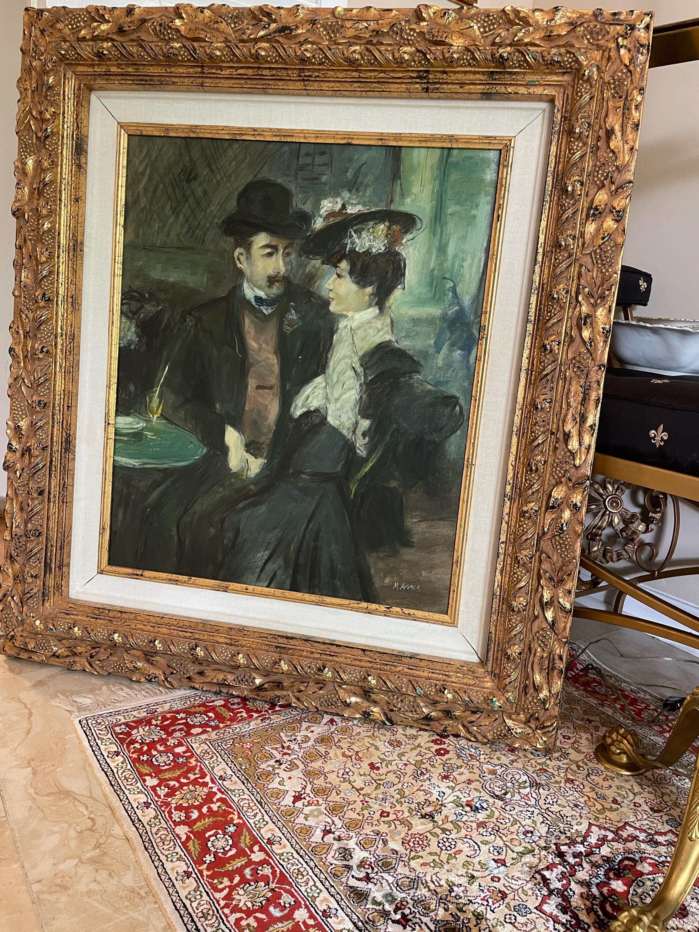 Vintage Framed Oil Painting Elegant Couple in Café Gold Leaf Ornate Frame Impressionist Style Interior Wall Art Signed Decoration Piece