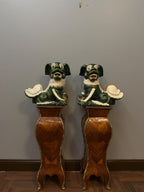 Vintage Green Glazed Foo Dog Pair, 16" Chinese Guardian Lions, Hollywood Regency Chinoiserie Statues
