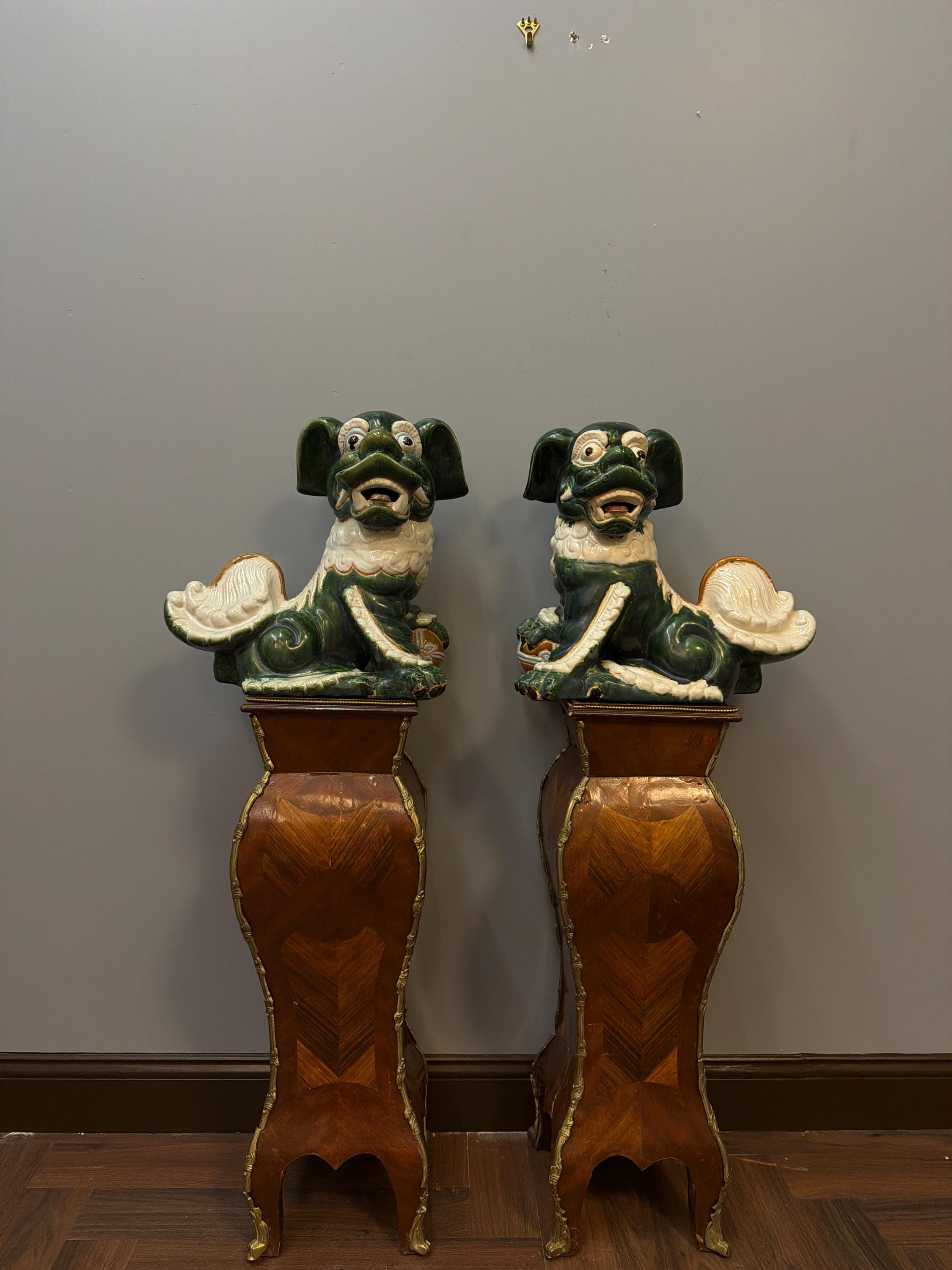 Vintage Green Glazed Foo Dog Pair, 16" Chinese Guardian Lions, Hollywood Regency Chinoiserie Statues