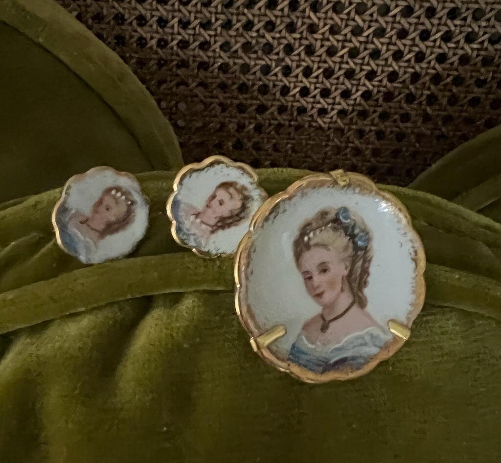Vintage 1940s Limoges Hand Painted  Porcelain Cameo-like Trombone Clasp Screw Back Earrings and Brooch Set in Box Amazing Vintage Gift