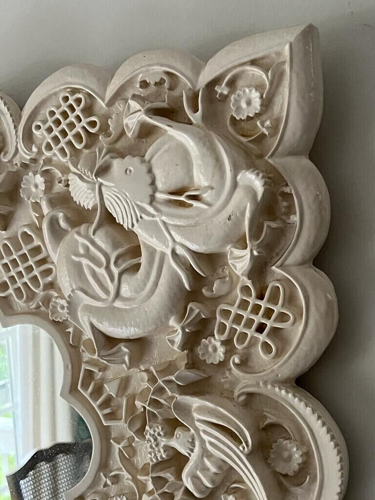 Ornate Carved Wall Mirror Square Decorative Frame Vintage Asian Style White Art Panel Wood Sculpture Floral Dragon Phoenix Symbolic Decor