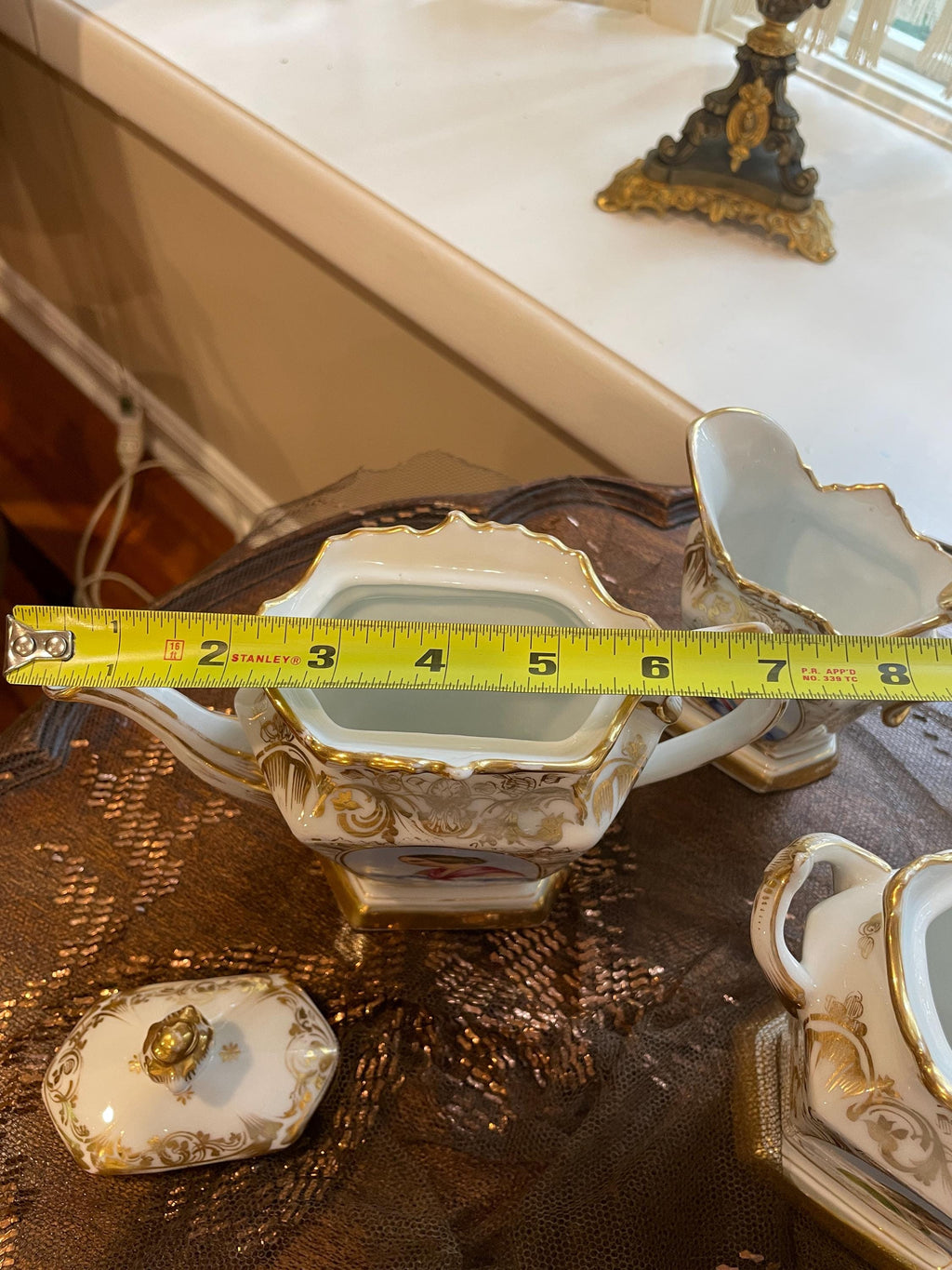 Very Old Paris Portrait Gold Gilt Porcelain Hand Painted Creamer Sugar Bowl Coffee Pot Victorian Ornate Gilded Serving Tray French Tea Set