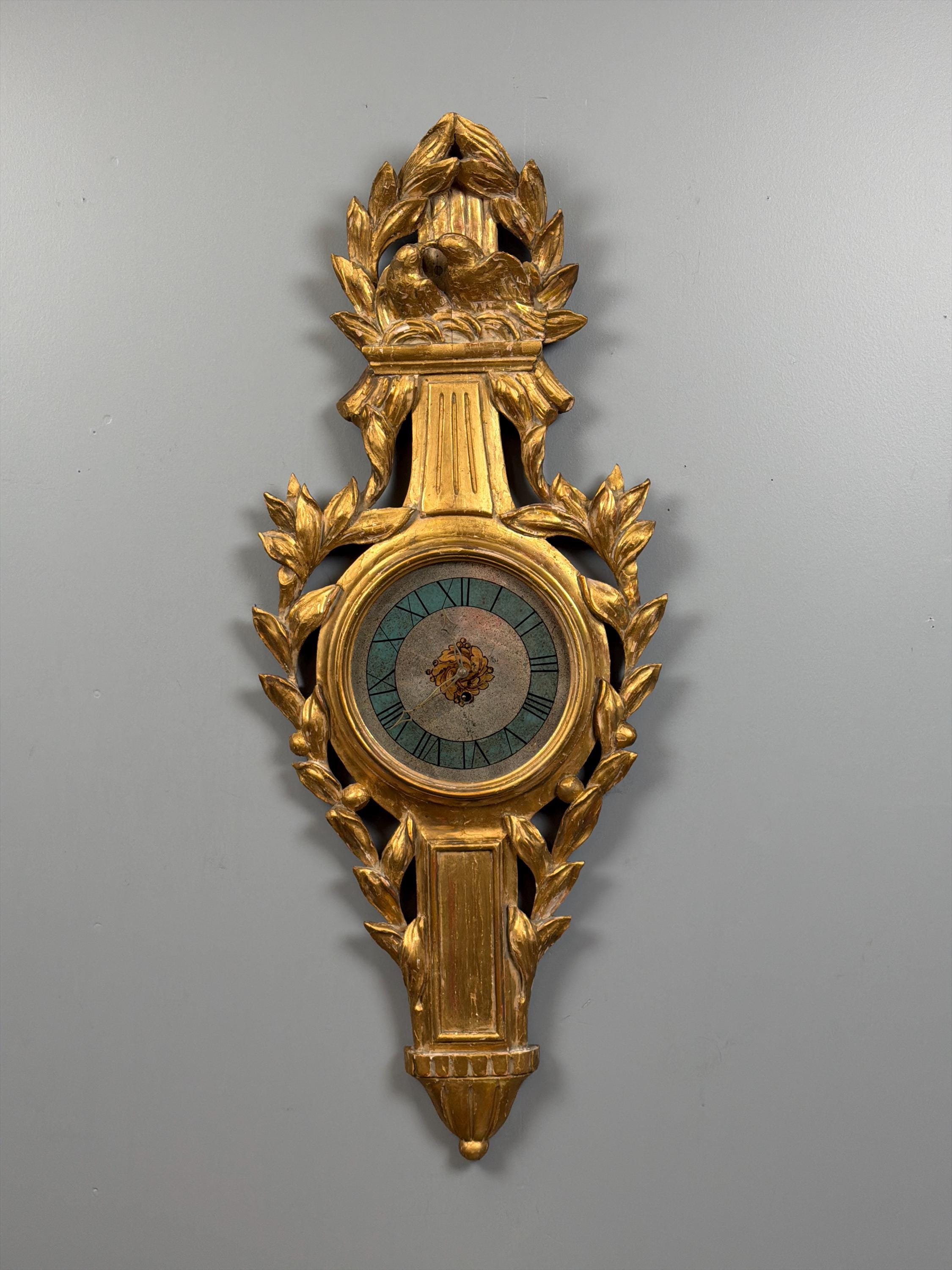 Antique French Giltwood Wall Clock, Carved Gold Leaf Lovebird Clock, Louis XVI Neoclassical Decor