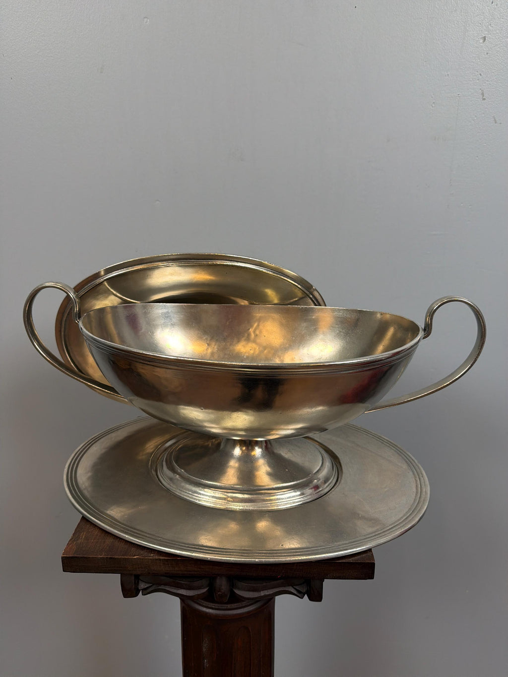 Vintage French Silver Plate Tureen With Underplate, Double Handle Serving Dish