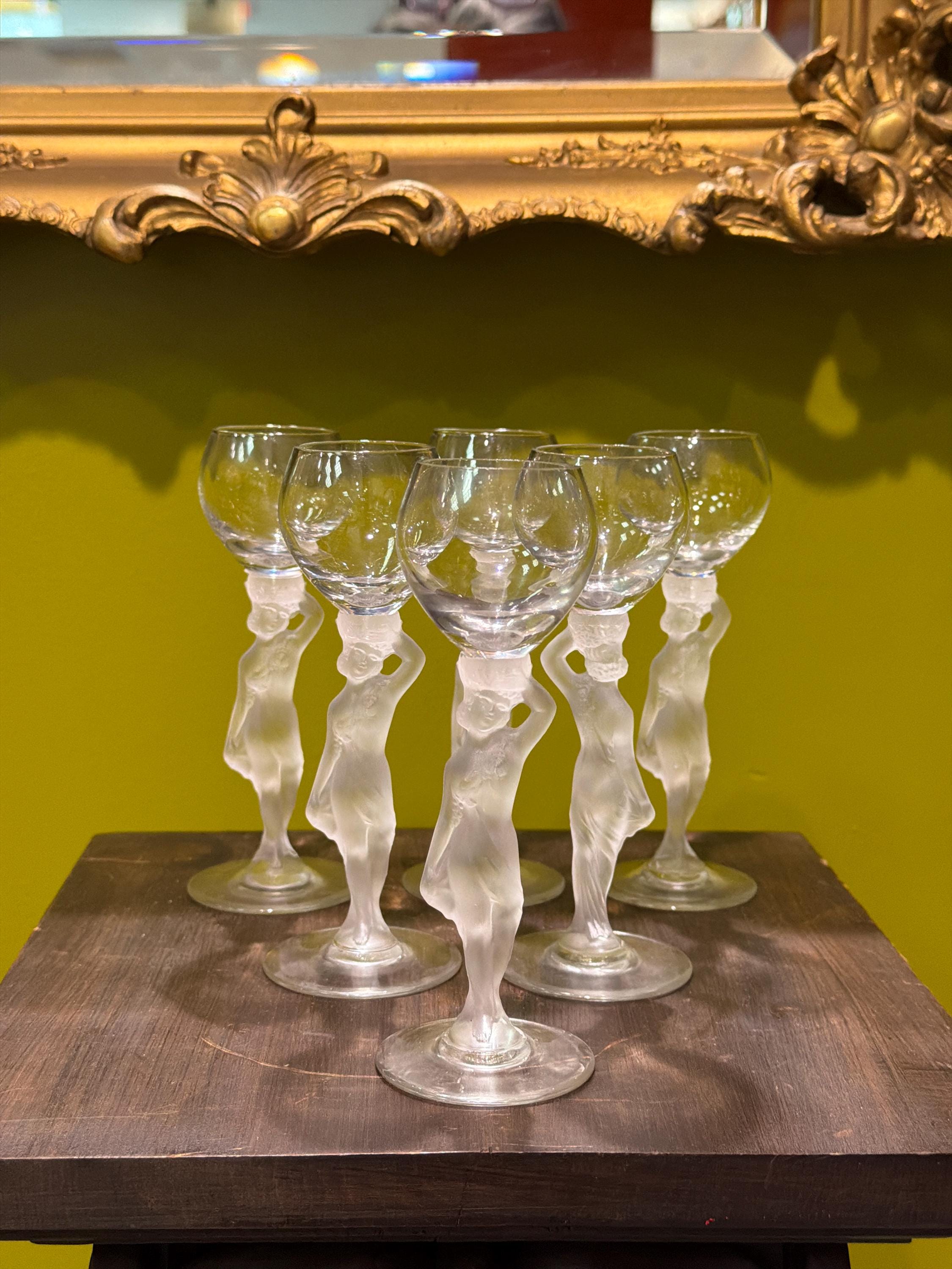 Lalique Style Nude Crystal Goblet, Art Deco Figural Stem Glass, Frosted Female Figure Wine Glass, Vintage Bacchantes Inspired Barware