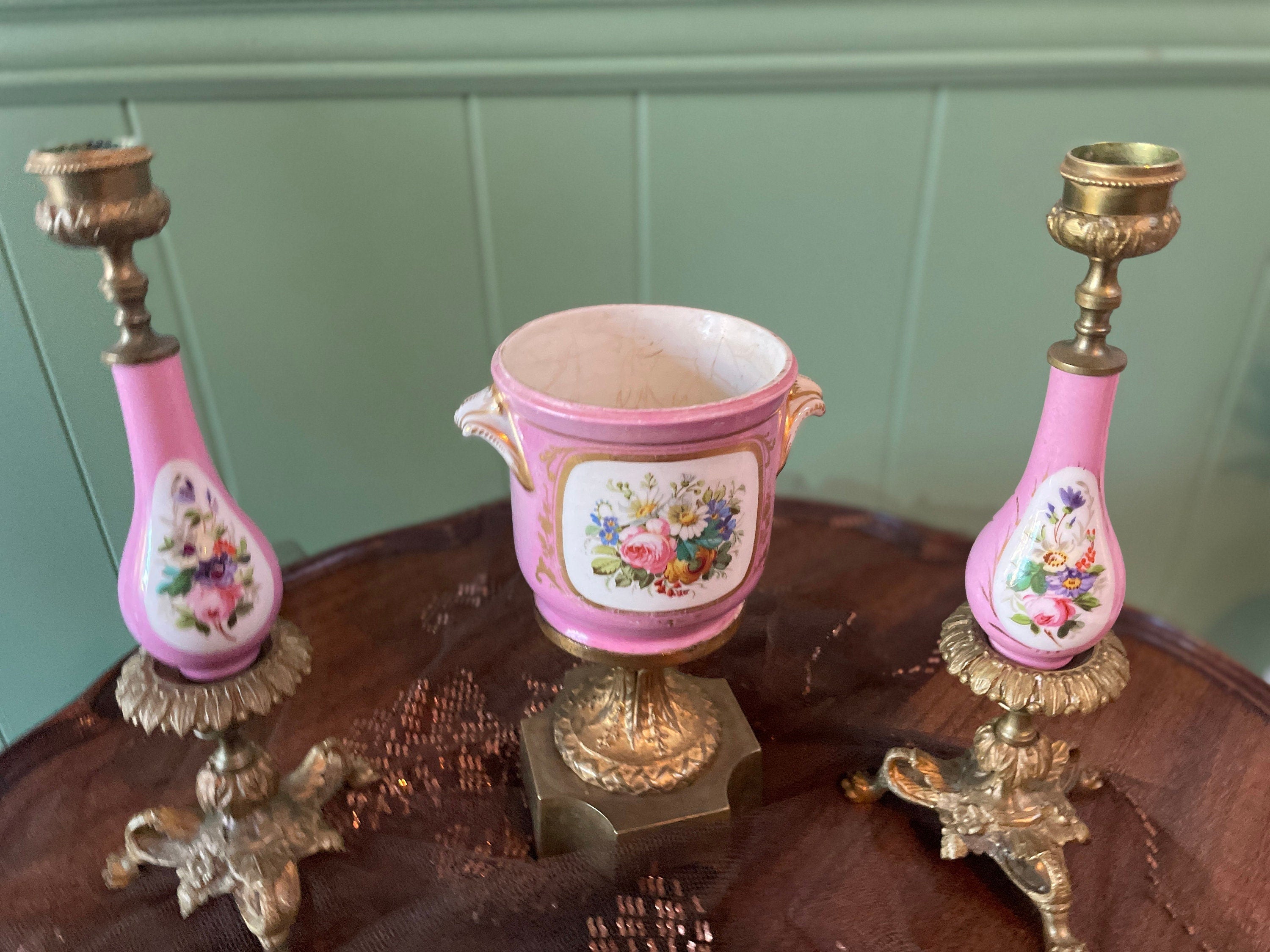 French Antique Porcelain Floral Centerpiece Pink Candlestick Set Brass Base Romantic Home Decor Table Accent Elegant Vintage Display