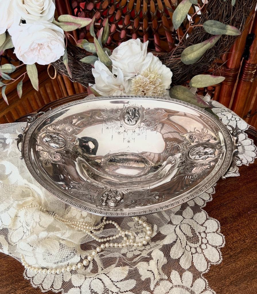 Antique Silverplate Footed Centerpiece Bowl Victorian Embossed Lion Head Decorative Dish Table Display Ornate Classical Revival Style
