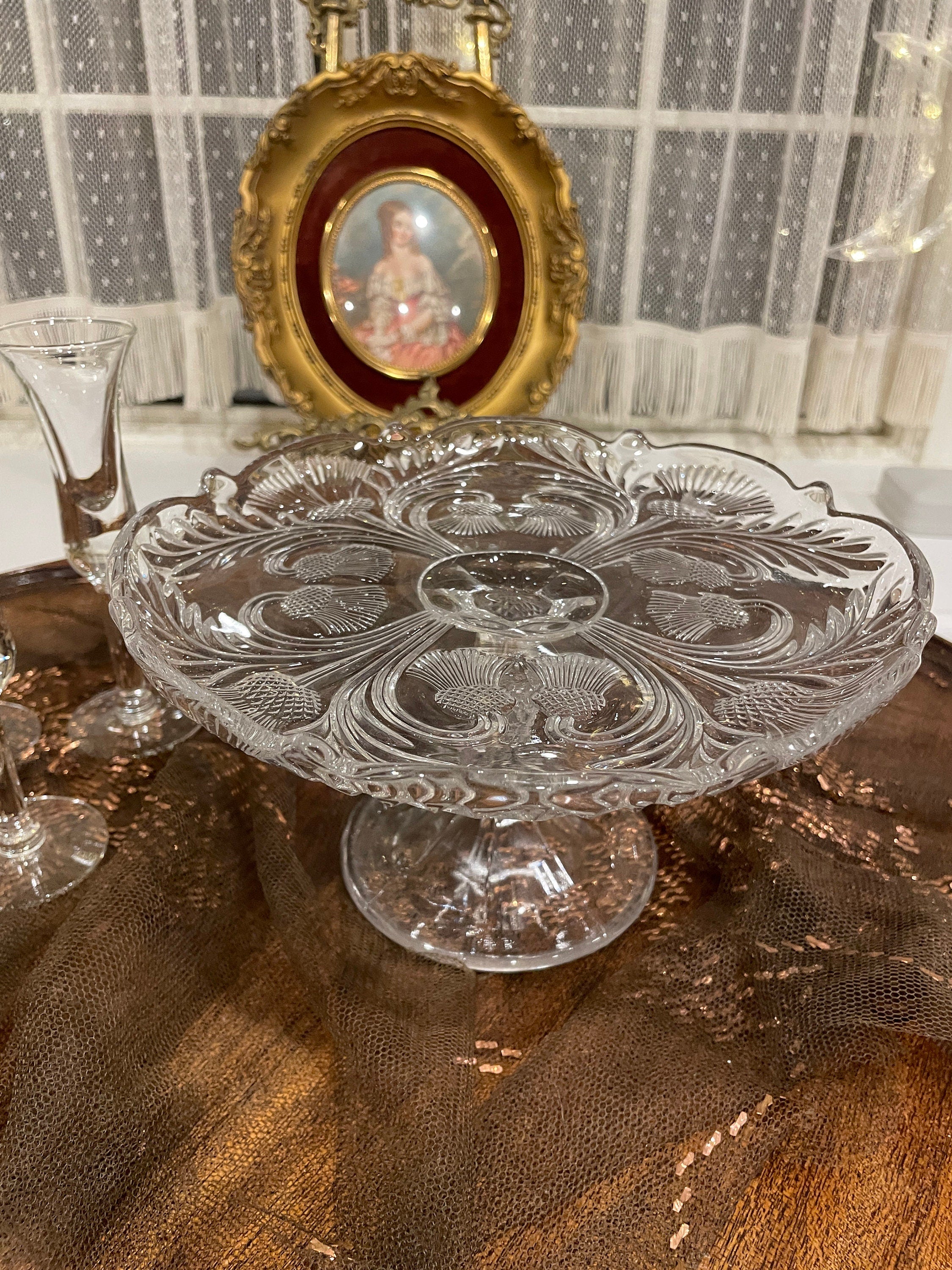 Vintage MCM Set of 5 Unique Glass Cake Stand & Cordial Liqueur Shot Glasses Glassware Set