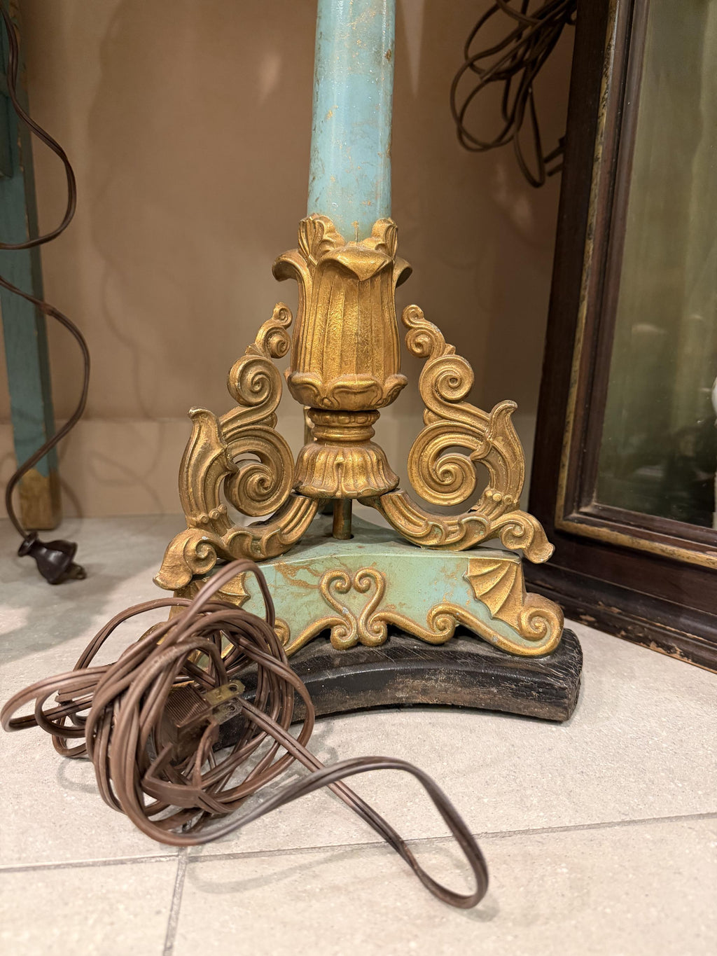 Vintage Florentine Style Table Lamp, Turquoise Blue & Gold Gilt Lamp, Fringe Shade Accent Lighting