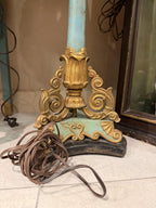 Vintage Florentine Style Table Lamp, Turquoise Blue & Gold Gilt Lamp, Fringe Shade Accent Lighting