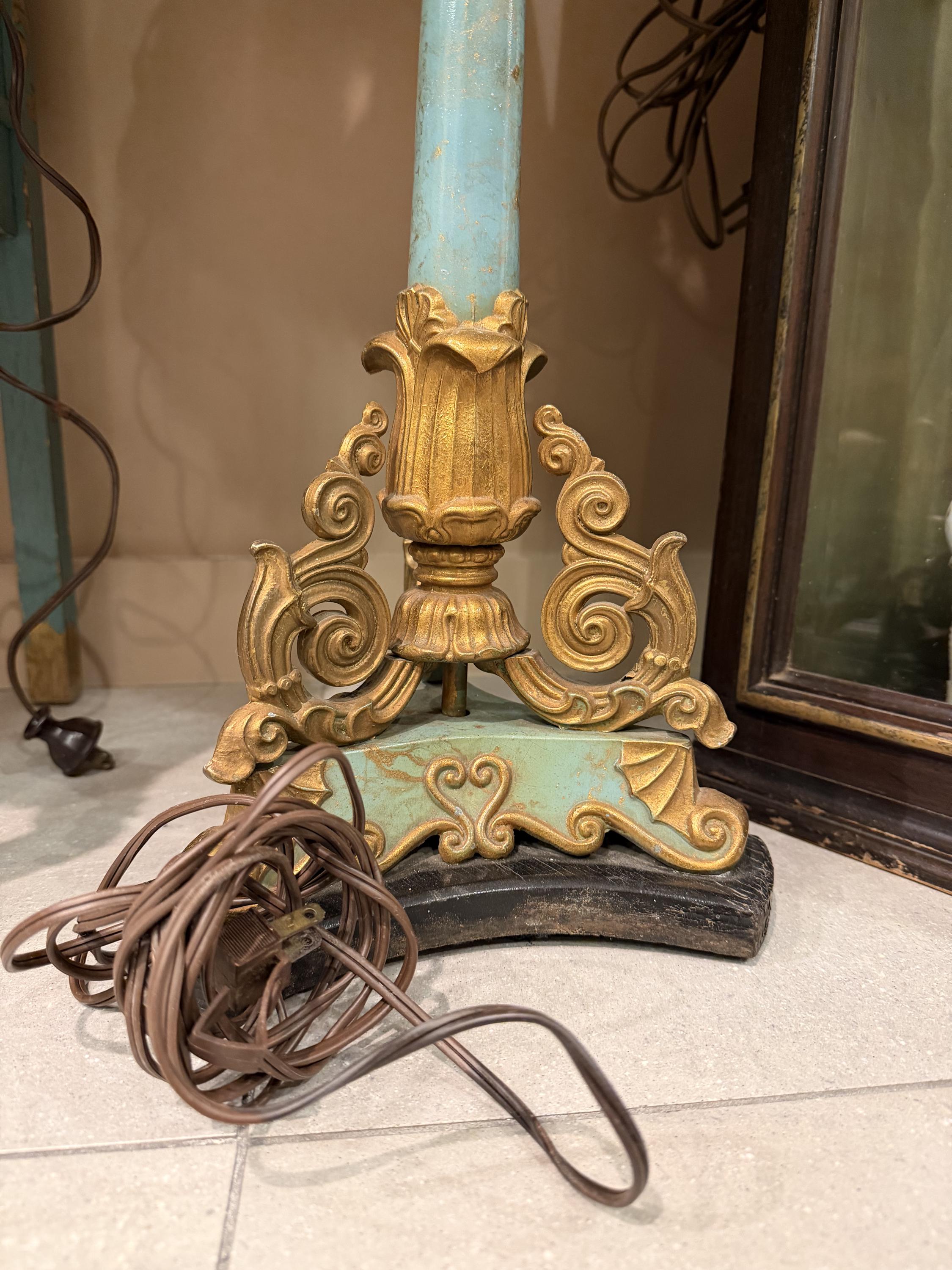 Vintage Florentine Style Table Lamp, Turquoise Blue & Gold Gilt Lamp, Fringe Shade Accent Lighting