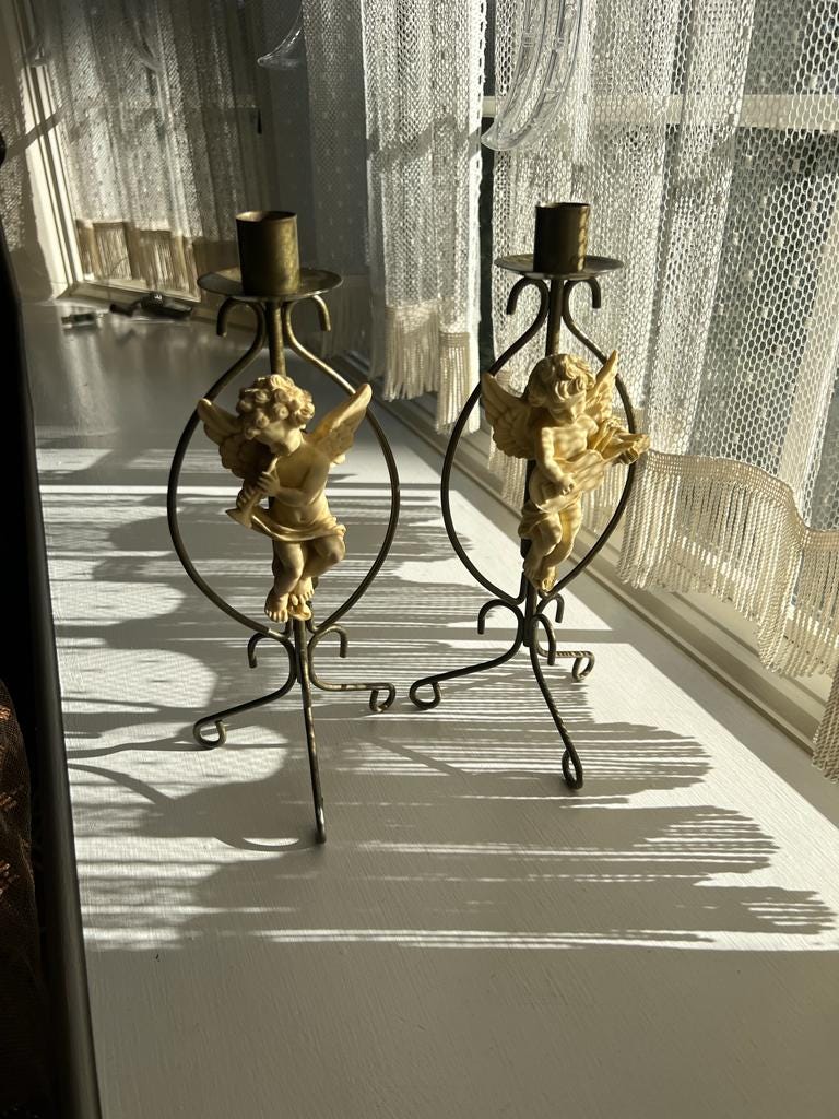 Pair of Vintage Metal Cherub Design Candlesticks Candleholder