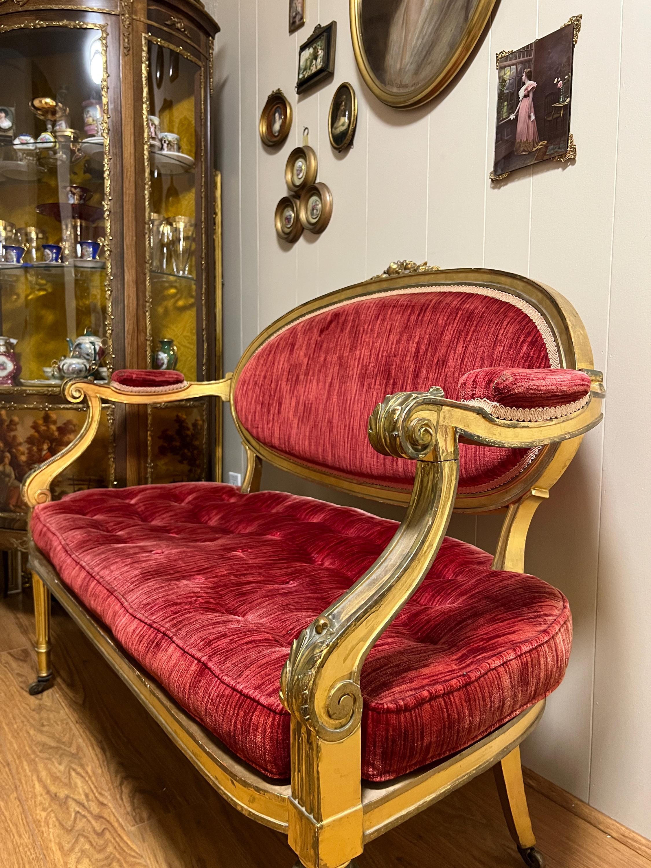 Antique French Louis XVI style Wooden Red Velvet Settee Sofa Antique French Gilded Hand-Carved Wood  Gold Gilt Elegant Furniture Loveseat