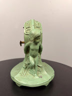 Antique Figural Cherub Mantel Clock Made in the USA, Green Painted Metal Table Clock