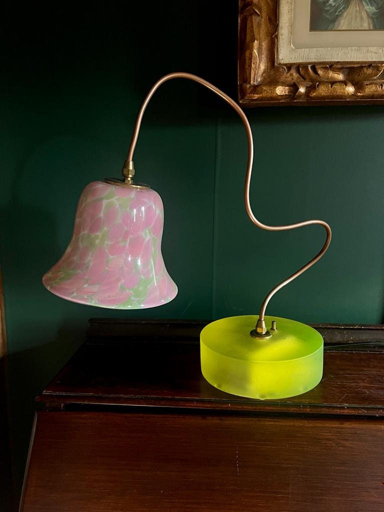 Handcrafted Pink Art Glass Bell Lamp Glowing Chartreuse Base Curvy Brass Arm Vintage Style Accent Retro Desk Home Lighting Decoration