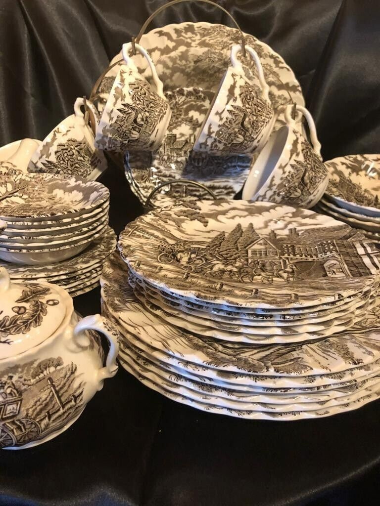 Vintage Royal Mail Heritage Hall Staffordshire Transferware English China Dinnerware Tea Set Rare English Country Horse Carriage Scene