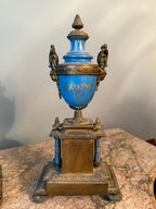 Exquisite Antique French Sevres Blue Porcelain Gilt Bronze Clock Set Late 19th Century 3 Piece Mantel Garniture Hand Painted Romantic Scenes