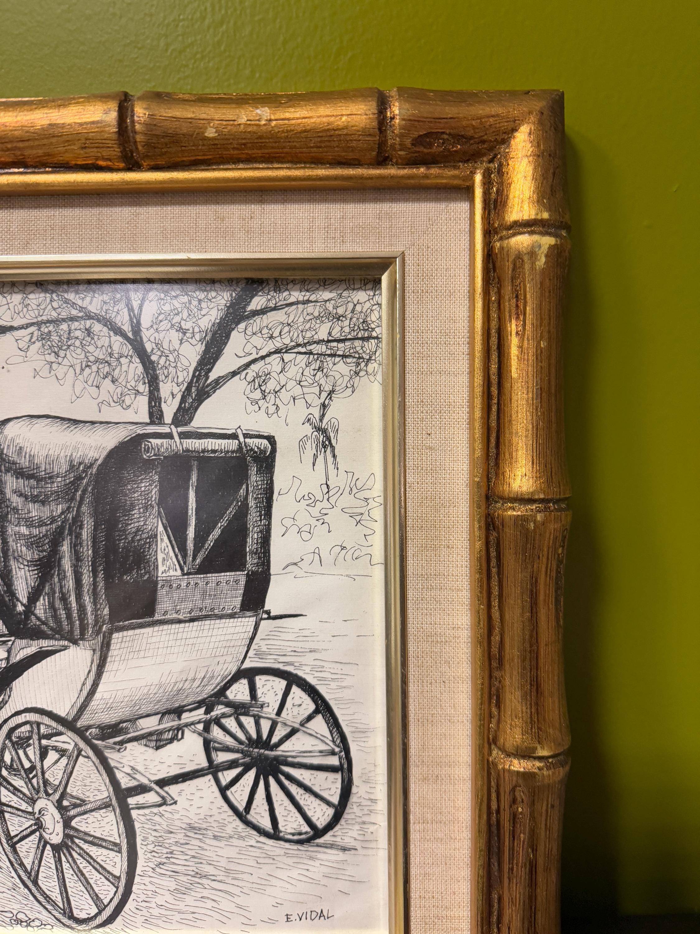 Vintage Horse Carriage Drawing Signed E. Vidal Gold Wood Bamboo Style Frame Rustic Farmhouse Wall Art Ink Illustration Home Wall Decoration