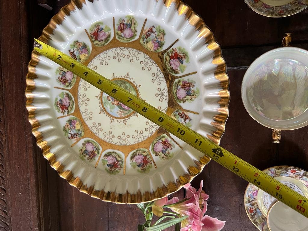 Vintage Set of 4 Fragonard Design Gold Gilded Porcelain Cake Stand  Cups Saucers  & Candy Dish