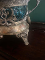 Antique Victorian Silverplate Condiment Holder Set Ornate Blue Glass Bowl Elegant Footed Frame Collectible Centerpiece Spoons Display Decor
