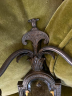 Antique Art Deco Bronze Wall Sconce Pair Leaf Motif Beveled Mirror Electric Light Fixture Ornate Gothic Revival Style Architectural Salvage