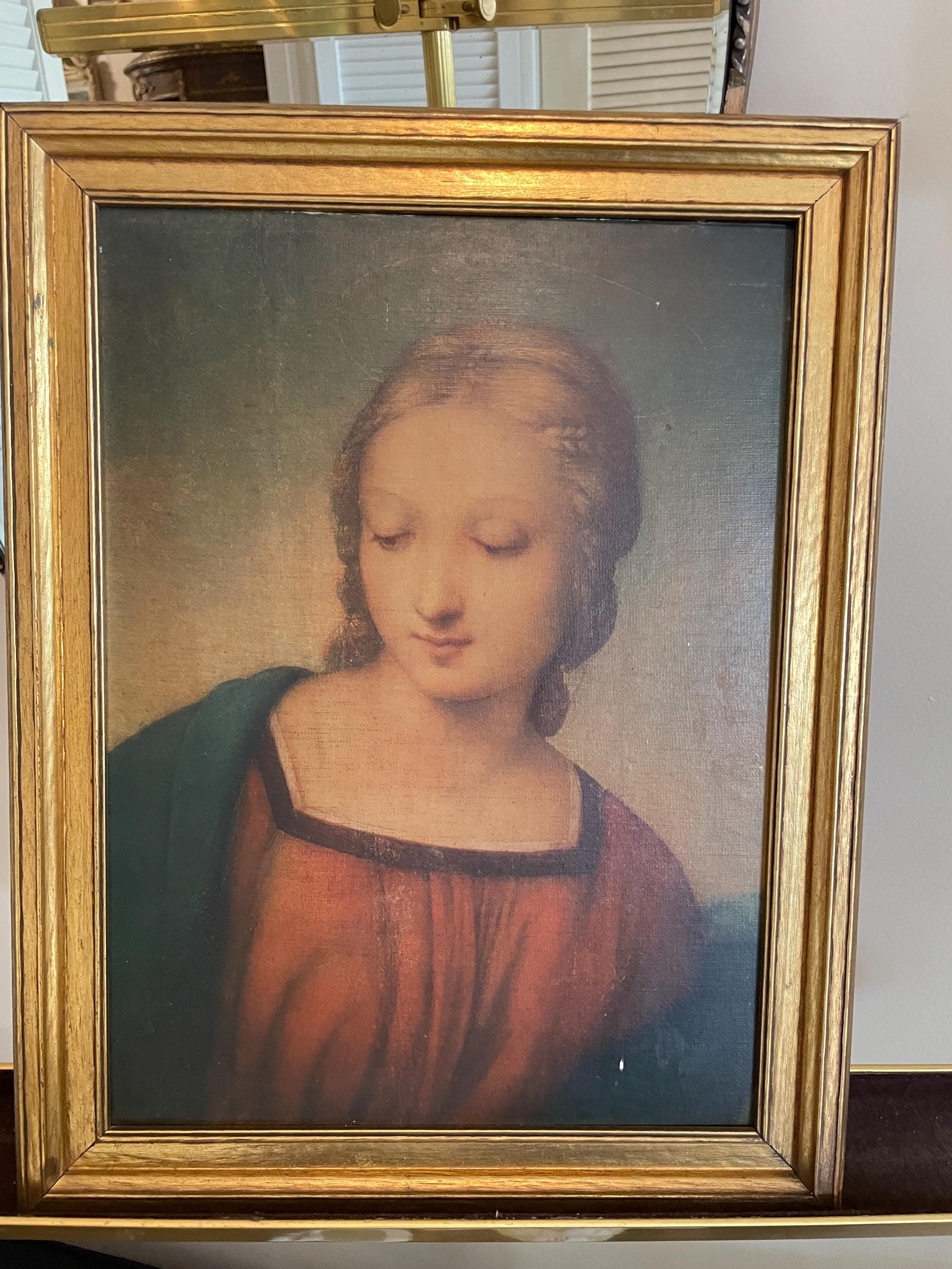 Vintage Framed Madonna Print Religious Wall Art Sacred Virgin Portrait Gold Frame Catholic Decoration Renaissance Style Spiritual Gift