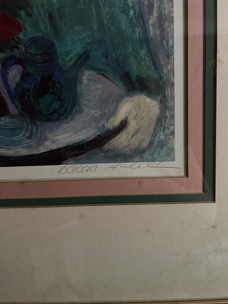 Vintage Barbara Wood Signed Framed Art Print Floral Still Life Elegant Pastel Tones Feminine Interior Statement Wall Decoration Painting