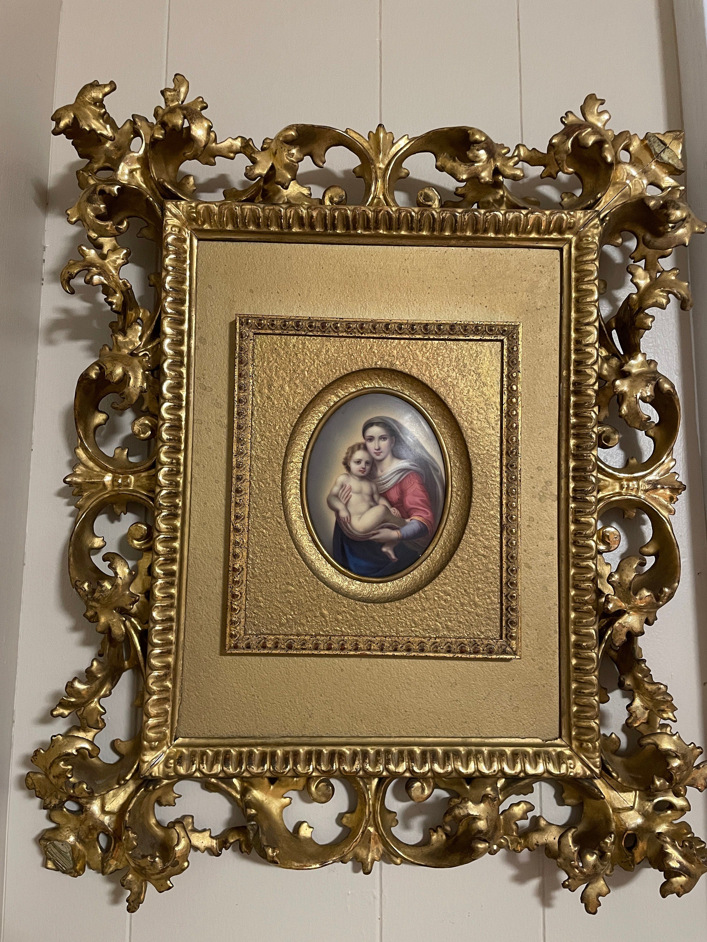 Antique KPM Porcelain Rare Oil Painting of Madonna on an Oval porcelain plaque Gold Gilwood Framed