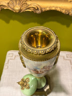 Antique French Porcelain Ormolu Lidded Urn Vase, Cherub Putti Painted Decorative Vase