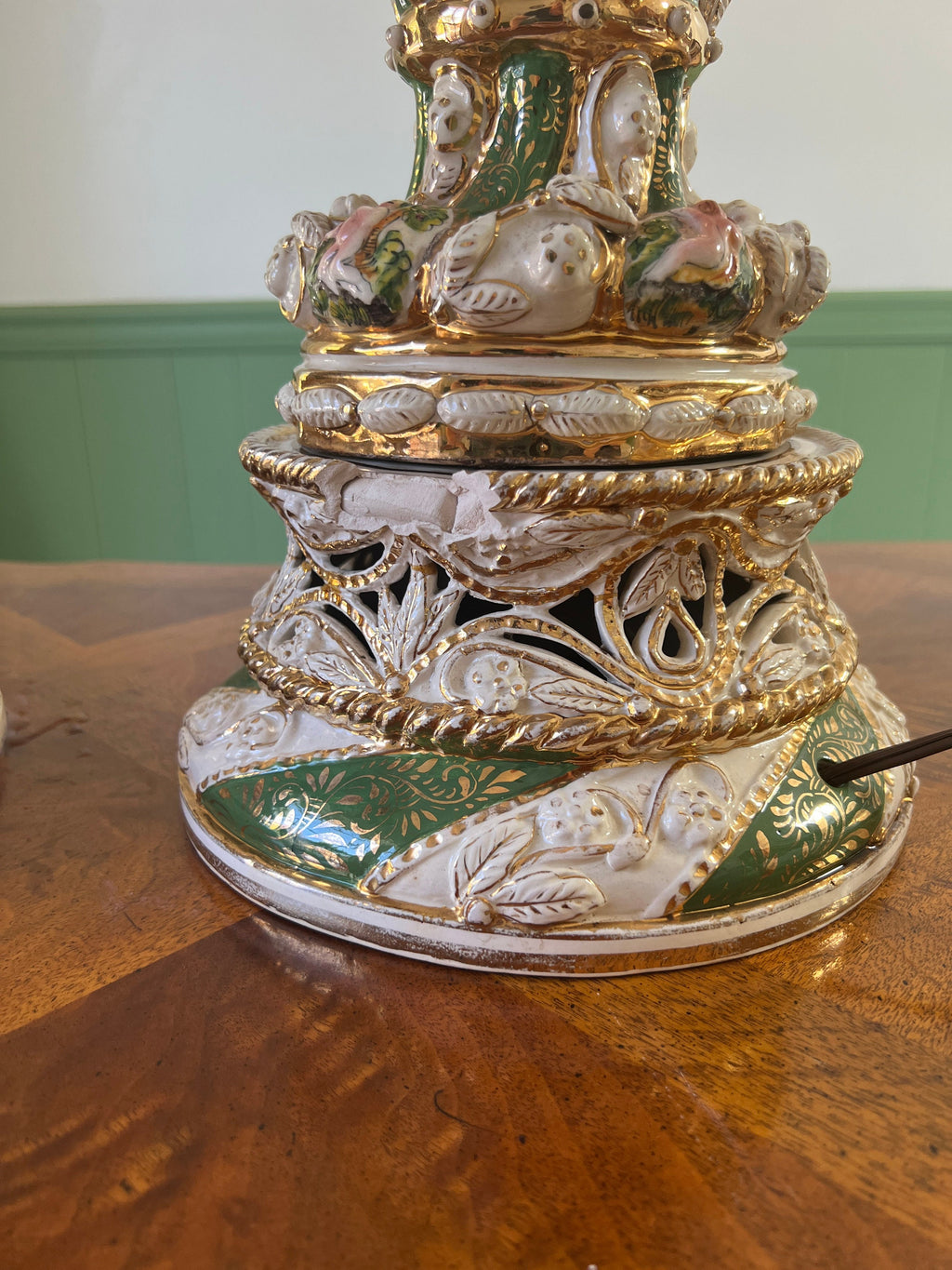 Pair Of Italian Baroque Style Cherub Porcelain Lamps Hand Painted Gilded Rococo Design Signed Brunocrafts Table Lighting Accent Decoration