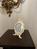 Vintage Ornate Tabletop with Cherub Accent Rococo Style Distressed White Finish Collectible Vanity Deco Antique Inspired Design Mirror