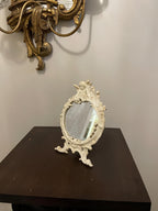 Vintage Ornate Tabletop with Cherub Accent Rococo Style Distressed White Finish Collectible Vanity Deco Antique Inspired Design Mirror